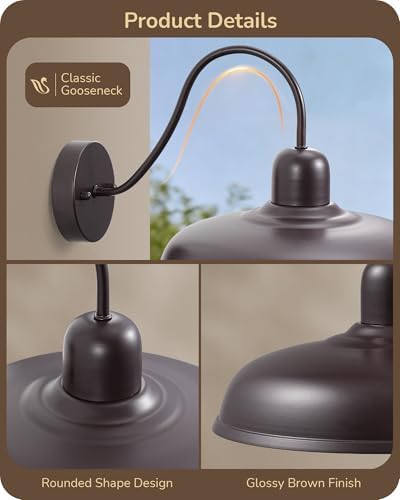 EDISHINE 12" Farmhouse Gooseneck Barn Light, 2 Pack Outdoor Wall Light
