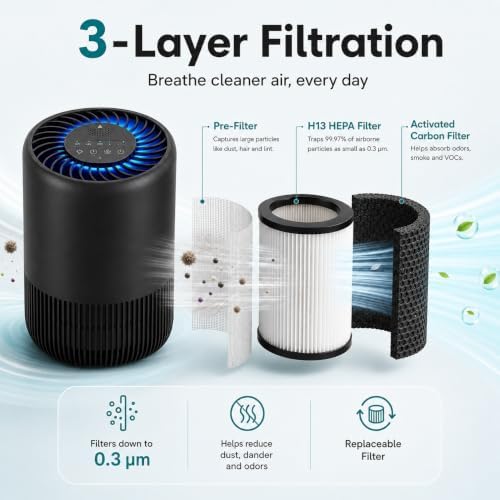 2-Pack of Air Purifiers for Home and Bedroom, Up to 1,076 Sq. Ft. Each, for Pet Hair, Odors, Pollen and Smoke, 3 Speeds, Timer, Aroma Function, 22 dB Sleep Mode, 360° Air Intake, Black
