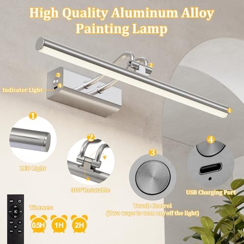 Picture Light, Platinum Silver, Battery Operated, RF Remote Control