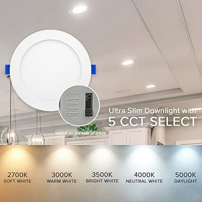 Maxxima 6 in. 5 CCT Ultra-Thin Recessed LED Downlight 1050 Lumens, Color Selectable 2700K-5000K (2700K/3000K/3500K/4000K/5000K), Canless, IC Rated, Slim, Dimmable, Junction Box Included (Pack of 6)