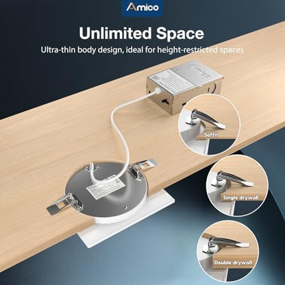 Amico 6 Pack 4 Inch 5CCT Ultra-Thin Square LED Recessed Ceiling Light