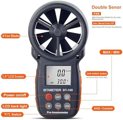 BTMETER BT-100 Handheld Anemometer, Digital Wind Speed CFM Meter Gauge Air Flow Velocity Tester for HVAC Shooting Drone, Wind Chill, 14℉-113℉ Wind Temperature