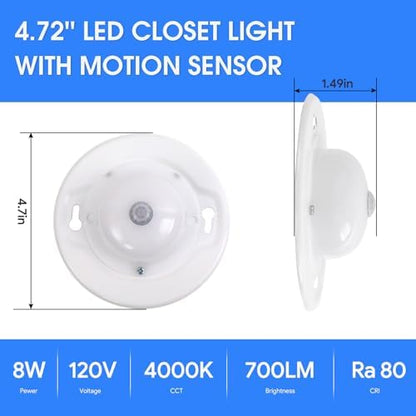 4.7 Inch Motion Sensor Closet Ceiling Lights, LED Under Cabinet Lights Wired, Flush Mount Ceiling Lighting Fixtures for Laundry Room, Basement, Hallway, Wet Location, 120V, 4000K, White, 2 Pack