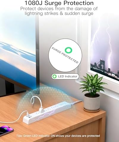 Mifaso 2 Pack Power Strip, 15FT Long Extension Cord, 1080J Surge Protector