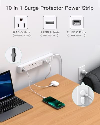 2 Pack Power Strip, 5FT Extension Cord, Surge Protector with 6 Outlets and 4 USB Ports (2 USB C), Flat Plug Overload Protection, Extension Cord with Multiple Outlets, Wall Mount for Home Dorm College
