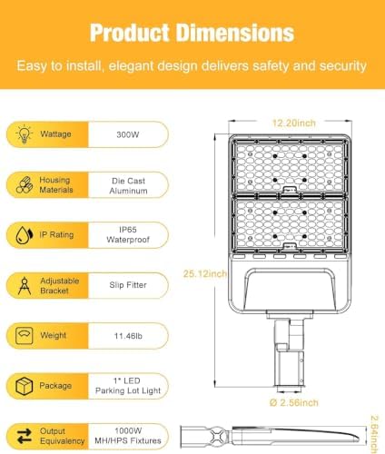LED Parking Lot Light 300W 42000LM 5000K, Commercial Outdoor Area Lighting