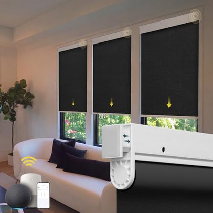 Motorized Blinds No Drill Automatic Blinds for Windows Cordless Roller Shades Electric Blinds with Remote Control Smart Blinds (Black, 31 x 72)