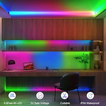 echosari 9.8FT 90Led RGB Strip Lights Battery Powered Remote Control, 8 Modes, Dimmable, Timer, Self-Adhesive, Cuttable, Waterproof, for TV Computer Monitor/Screen Decor (Pack of 3)
