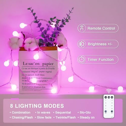 JMEXSUSS 33 ft 100 LED Globe Pink Christmas String Lights Indoor