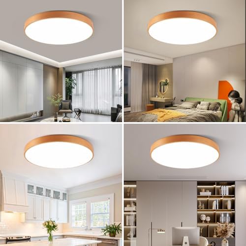 Smart Wood Flush Mount Ceiling Light with Remote 12"