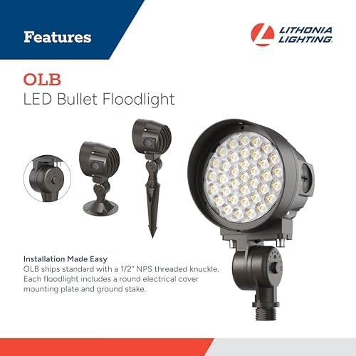 Lithonia Lighting 36-in-1 OLB LED Floodlight Outdoor Light Fixture, Waterproof LED Outdoor Lights, Adjustable Brightness, Warm/Cool/Daylight Options, Switchable Beam Spread, Dusk to Dawn Sensor