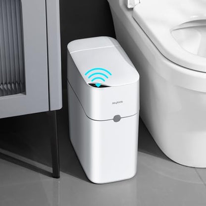 funest Bathroom Trash Can, Automatic Bagging Garbage Can, 3.5 Gallon Slim Smart Small Plastic Trash Bin, Narrow Motion Sensor Trash Can for Bedroom, Office White
