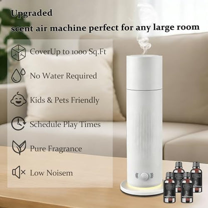 Waterless Essential Oil Diffuser, Scent Air Machine for Home with 4x30ml Hotel Scent Oil Sets, Covers Up to 1000 Sq.Ft, Adjustable Mist & Timer, Hotel and Commercial Use