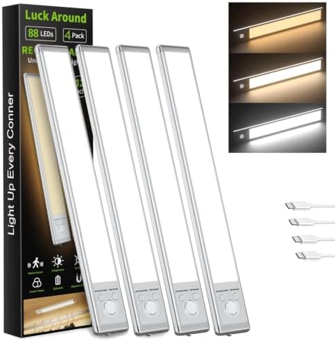 4 Pack Under Cabinet Lighting, 12in Rechargeable Motion Sensor Light Indoor