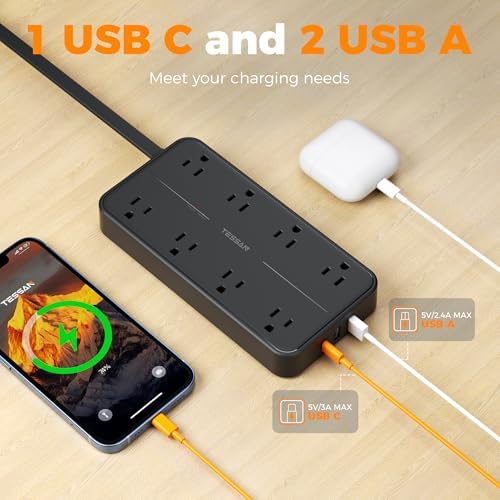 TESSAN Power Strip Surge Protector, 5FT Flat Plug Extension Cord