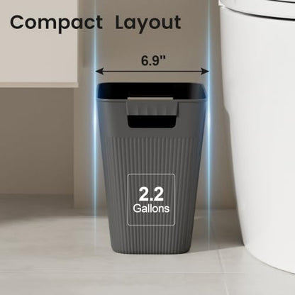 JOYMOOP Slim Trash Can 3-Pack, 2.2 Gallon Plastic Wastebasket for Bathroom, Bedroom, Office, Kitchen with 4 Rolls Bags, Black