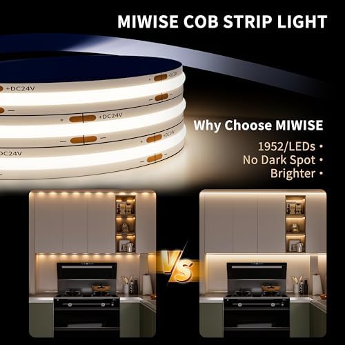 MIWISE COB LED Strip Light 20ft/6.1m,CRI 90+ Natural White 4000K High Lumen Dimmable Super Bright Flexible DC24V LED Tape Light with Controller/Dimmer,for Cabinet Home Office DIY Lighting Projects