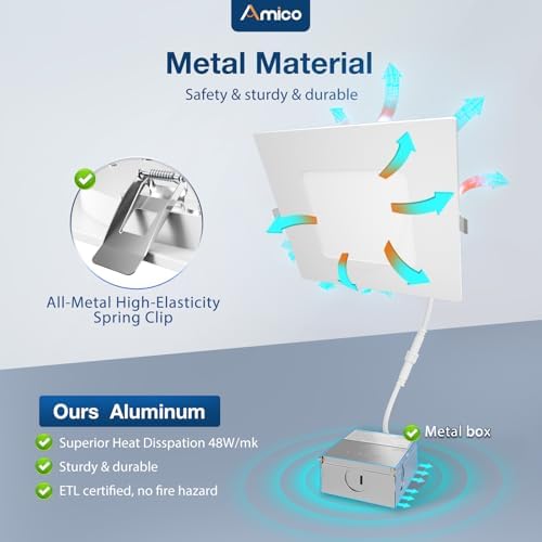Amico 12 Pack 6 Inch 5CCT Ultra-Thin Square LED Recessed Ceiling Light