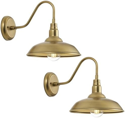 Brass Outdoor Gooseneck Light, 10'' Diameter Gooseneck Barn Wall Sconce for Porch, Exterior Waterproof Farmhouse Light Fixture with Wall Mount, 2 Pack, LM2201-GL-2P