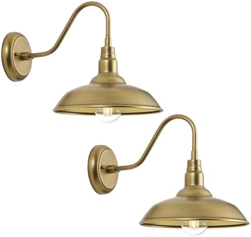 Brass Outdoor Gooseneck Light, 10'' Diameter Gooseneck Barn Wall Sconce for Porch, Exterior Waterproof Farmhouse Light Fixture with Wall Mount, 2 Pack, LM2201-GL-2P