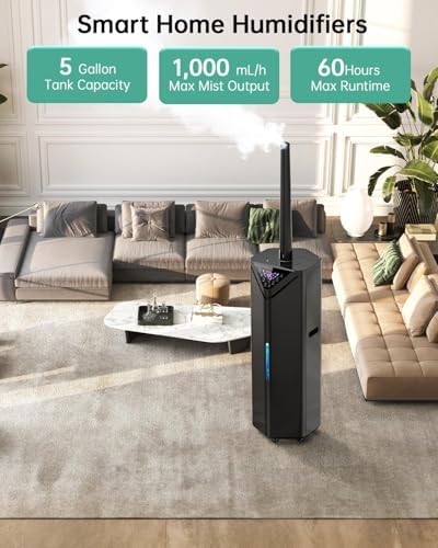 5Gal Smart Humidifier Large Room up to 2800ft², 1000mL/h, APP & Remote Control, 180° Auto Rotating Nozzle, 24H Timer, 60H Supersized Cool Mist Humidifiers for Whole House Home Office Plants