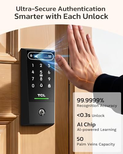 TCL Smart Lock, Palm Vein Keyless Entry Deadbolt, Wi-Fi Keypad Door Lock, Built-in Doorbell, 8-Month Battery, App & Voice Control, Works with Alexa & Google Home, Easy Install for Front Door, D2 Pro