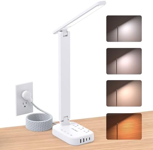 LED Desk Lamp, 10Ft Power Strip with 3 Outlets 4 USB Ports(2 USB C), White