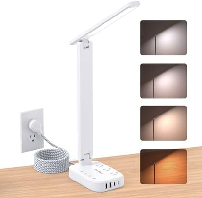 LED Desk Lamp, 10Ft Power Strip with 3 Outlets 4 USB Ports(2 USB C), White
