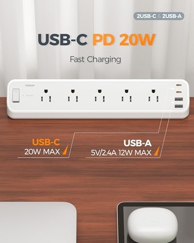 TESSAN Desk Clamp Power Strip 6 Ft with 2100J Surge Protector, Gray