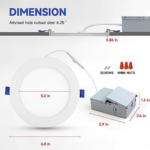ECOELER 6 Inch Ultra-Thin LED Recessed Lighting with Junction Box, 12W 4000K Cool White, Dimmable Can-Killer Downlight, 1100Lm High Brightness, ETL Listed