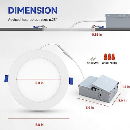 ECOELER 6 Inch Ultra-Thin LED Recessed Lighting with Junction Box, 12W 4000K Cool White, Dimmable Can-Killer Downlight, 1100Lm High Brightness, ETL Listed