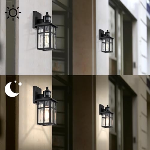 Edvivi Motion Sensor Porch Lights Outdoor, Dusk to Dawn Outdoor Lighting Wall Sconces with Water Glass, Matte Black Wall Mounted Lantern Light Wet Rated Exterior Lighting Fixtures for House 2-Pack