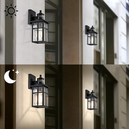 Edvivi Motion Sensor Porch Lights Outdoor, Dusk to Dawn Outdoor Lighting Wall Sconces with Water Glass, Matte Black Wall Mounted Lantern Light Wet Rated Exterior Lighting Fixtures for House 2-Pack