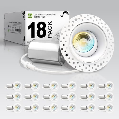 ASD 2 Inch Trimless Gimbal LED Recessed Ceiling Light, Adjustable Directional Downlight with Junction Box, 5CCT 2700K-5000K, 8W 717 Lumens, CRI90+, Anti-Glare, Dimmable, IC & Wet Rated, ETL, 18 Pack