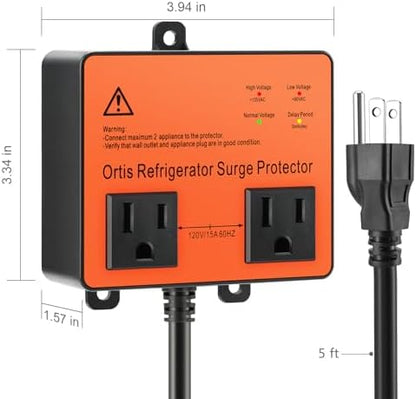 Refrigerator Surge Protector, Ortis Double Outlet Voltage Protector for Home Appliances with Time Delay, 5ft Power Cord, Protects Against Brownout, Spike, Instant Surge All Voltage Abnormalities