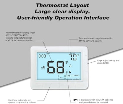 Programmable Thermostat for Home,Auto Changeover Heat Pump Thermostat for Multi-Stage,2 Heat/2 Cool or 4 Heat/2 Cool, Ultimate Comfort,Extra Large Display,White Backlight