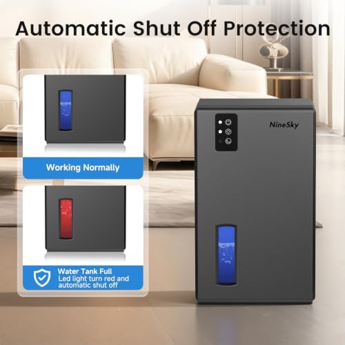 NineSky Dehumidifiers for Home, 1000 Sq.Ft Dehumidifier with 95oz Water Tank, Quiet Dehumidifier for Basement Bathroom Bedroom with 7-Color Ambient Light & Auto Shut Off, (Grey)