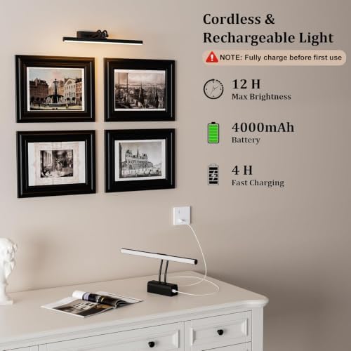 Battery Operated Picture Light for Wall, 13.8'', Black, RF Remote Control