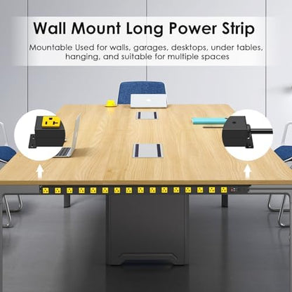 JUNNUJ Long Metal 16 Outlet Power Strip, Heavy Duty Power Strips Surge Protection 4800J with Circuit Breaker, 20a Wide Spaced Socket Wall Mount 5-15P Adapter High Amp 6-20R T-Slot 10FT Extension Cord
