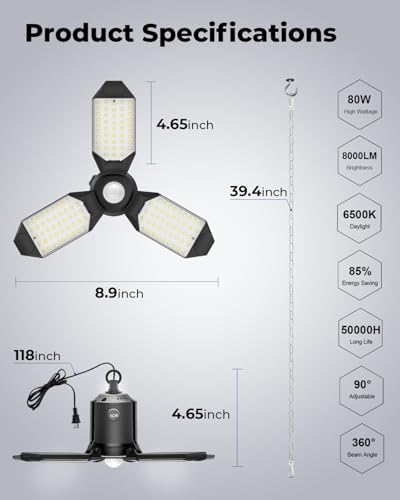 2 Pack Motion Sensor Garage Light Plug in, 8000LM 6500K Shop Lights
