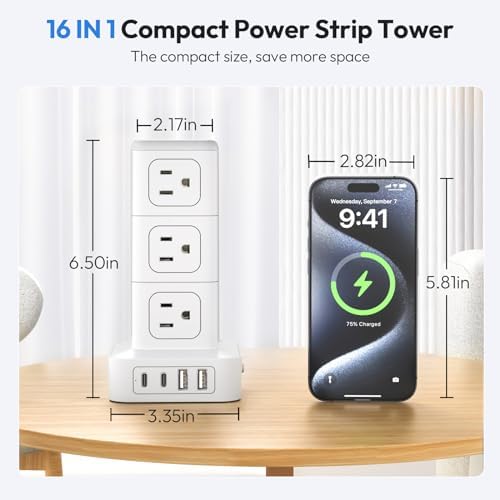 NTONPOWER Power Strip Tower with USB C Ports, 1080 Joules Surge Protector Tower, 1625W / 13A Overload Protection, 15 ft Extension Cord with Multiple Outlets, Power Outlet Tower for Home Office Dorm
