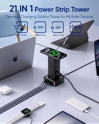 PD65W Power Strip Tower with 12 AC Outlets & 8 USB Ports(4 USB C), 6FT Cord