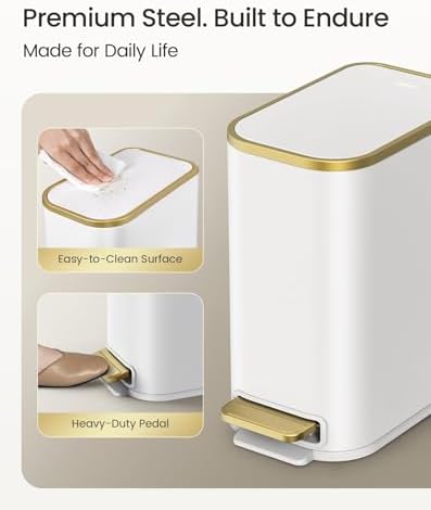 Cesun Small Bathroom Trash Can with Gold Grimmed Lid & Pedal, 1.3Gal, White