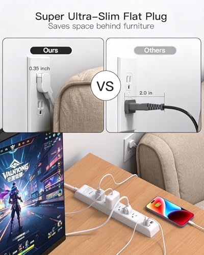 2 Pack Long Extension Cord, 12FT Power Strip Surge Protector with 6 Outlets and 4 USB Ports (2 USB C), Extension Cord with Multiple Outlets, Flat Plug Overload Protection, Wall Mount for Dorm College