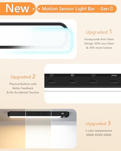 WILLED Under Cabinet & Closet Lights, Motion Sensor, Rechargeable, Magnetic, 3 Color Temps, Dimmable LED Light Bar for Indoor Kitchen Counter (4 Pack, Black)