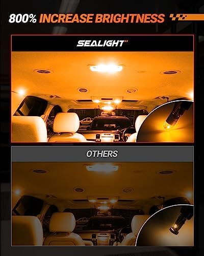 SEALIGHT 194 LED Bulb 2700K Amber, License Plate Light, Dome Light, T10 168 2825 W5W 3030 Bright Chips Wedge for Replacement Light Bulb, Map Trunk Door Courtesy Dash LED Light Bulb,Pack of 2