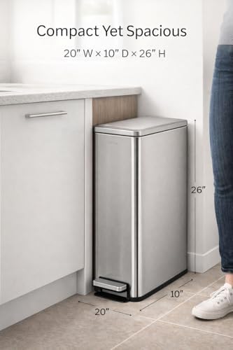 Step N’ Sort Slim Dual Recycling Bin 43L (2 x 21.5L) – Soft Close Kitchen Trash Can – Space Saving Stainless Steel – Removable Buckets