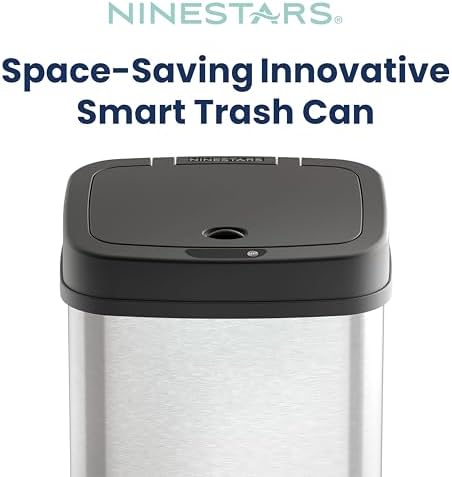 Ninestars 3 Gallon Automatic Trash Can, 12L Touchless Motion Sensor Bathroom or Bedroom Garbage Can with Odor-Sealing Lid, Rectangular Stainless Steel Base, Black Lid