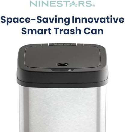 Ninestars 3 Gallon Automatic Trash Can, 12L Touchless Motion Sensor Bathroom or Bedroom Garbage Can with Odor-Sealing Lid, Rectangular Stainless Steel Base, Black Lid