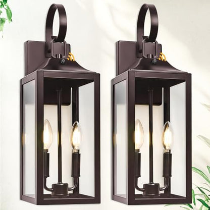 19" Dusk to Dawn Bronze Outdoor Light Fixture, Outside Wall Lantern 2-Light